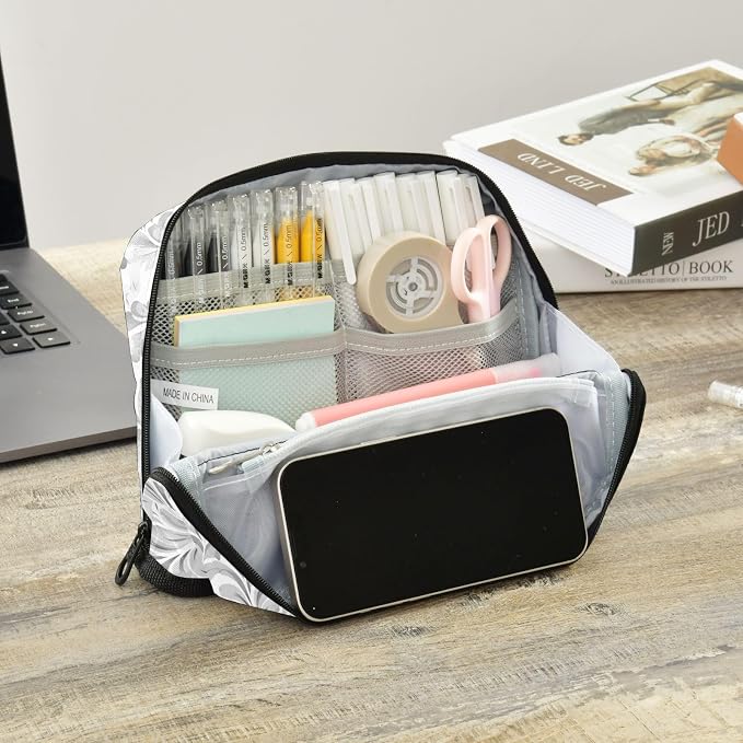 Aslsiy Large Capacity Pencil Case Floral Baroque Damask Grey (4) Pencil Pouch for Boys Girls Portable Pen Bag Organizer Standing Makeup Bag for School Office Supplies