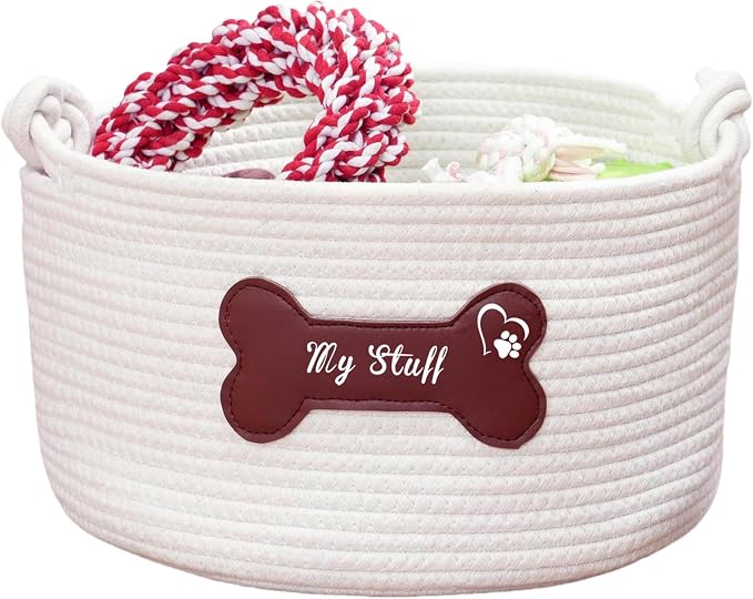 JUPPE Pet Dog Basket with Personalized Name, Dog Toys Storage Organizer Custom Cotton Rope Basket Nursery Decor (Brown Leather Basket)