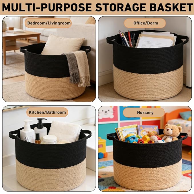 115L Extra Large Blanket Basket,Woven Laundry Basket-Black&Camel | Collapsible, reinforced handles, nursery storage bin organizes clothes, toys and pillows for living room, bedroom bathroom