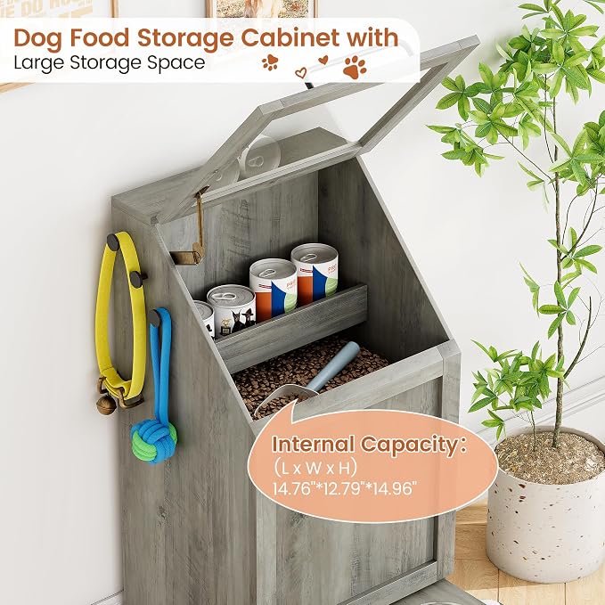 Dog Feeding Station with 2 Elevated Dog Bowls | Pet Feeding Station,Flip Top Pet Food Cabinet,Pet Food Container,Pet Toy Storage Organizer,Modern Storage Organizer, Grey
