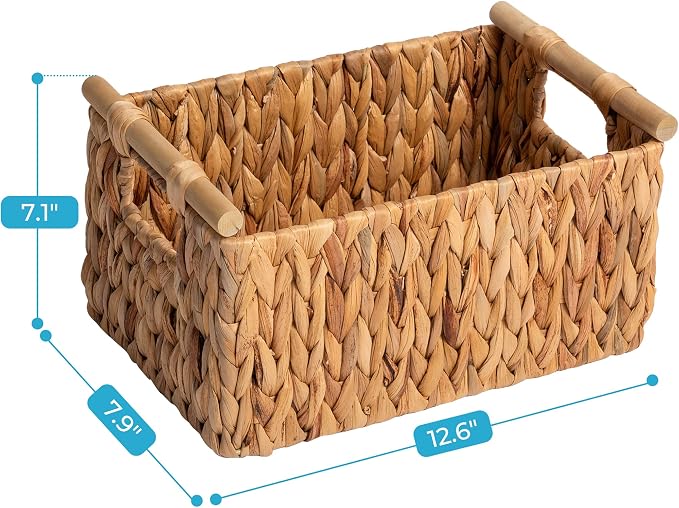 JS HANGER Water Hyacinth Storage Baskets, Handwoven Wicker Shelf Baskets Bin for Organizing Decorative Wicker Baskets with Wooden Handles,12.6"L x 7.9"W x 7.1"H, 2-Pack
