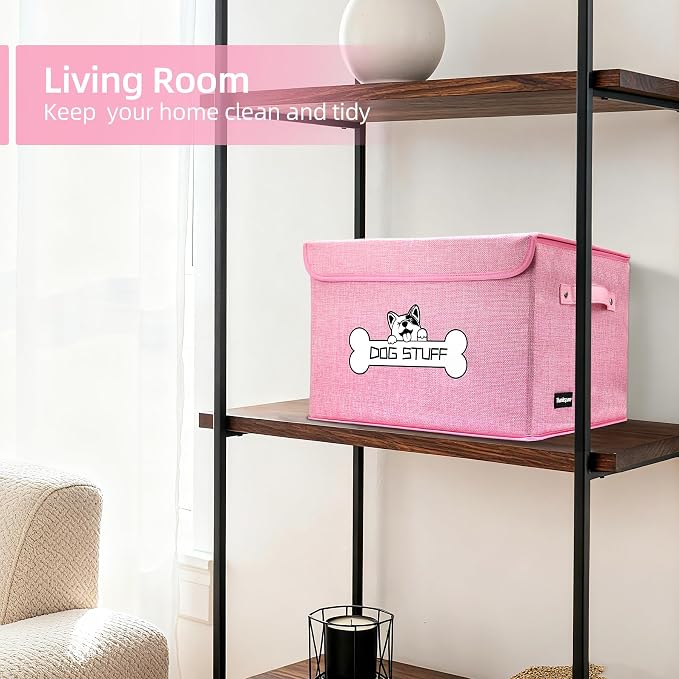 Dog Toy Basket with Lid, Collapsible Box for Pet Accessories | Storage Bin for Living Room, Fabric Container with Handle, Organizer for Small Medium dogs, Pink