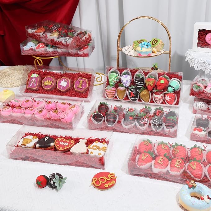 RomanticBaking 12PCS 12x5x2 Inch Clear Treat Boxes for Party Favors | Clear Gift Boxes for Chocolate Covered Strawberries, Cocoa Bombs, Donuts, Muffins, Pastries, Bakery, Cookie, Macaron