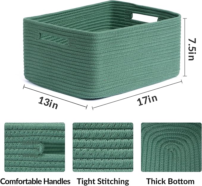 MiniArk Large Storage Baskets for Shelves, 17 x 13 x 7.5” Closet Organizers Bins for Clothes Blanket Towels, Baby Nursery, Toy Baskets Box, Woven Rope Baskets, 2 Packs Green