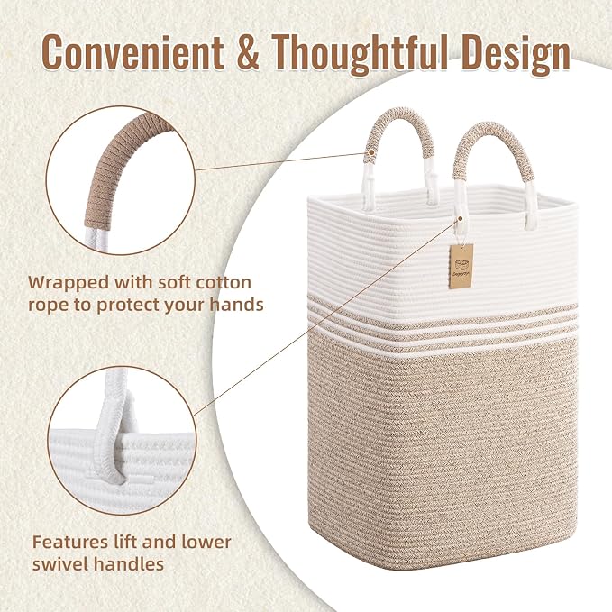 Laundry Basket Hamper,Blanket Storage,Dirty Clothes Hamper with Swivel Handles,Woven Cotton Rope Toy Baskets,Blanket Basket Living Room,Decorative Hampers for Nursery,Bedroom,White & Linen,60L