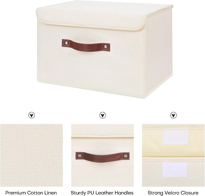 ANMINY Fabric Storage Box Bins with Lids, Beige, 13"x9"x7.9" | Keepsake Memory Storage, Cotton Linen, PP Board Reinforced, Washable, PU Handles, Foldable & Stackable, Decorative, Medium