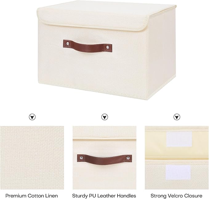 ANMINY Fabric Storage Box Bins with Lids, Beige, 13"x9"x7.9", 4 Pack | Keepsake Memory Storage, Cotton Linen, PP Board Reinforced, Washable, PU Handles, Foldable & Stackable, Decorative, Medium