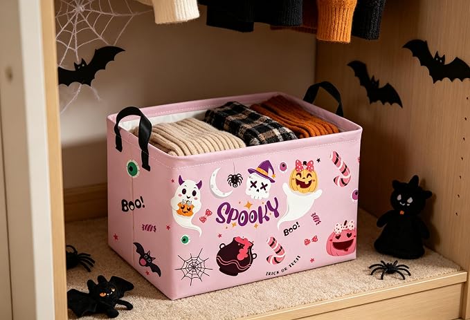 Rectangle Kids Baskets Halloween Basket Pink Storage Bin Fish Box for Room Decor Gift Basket(Pink halloween)