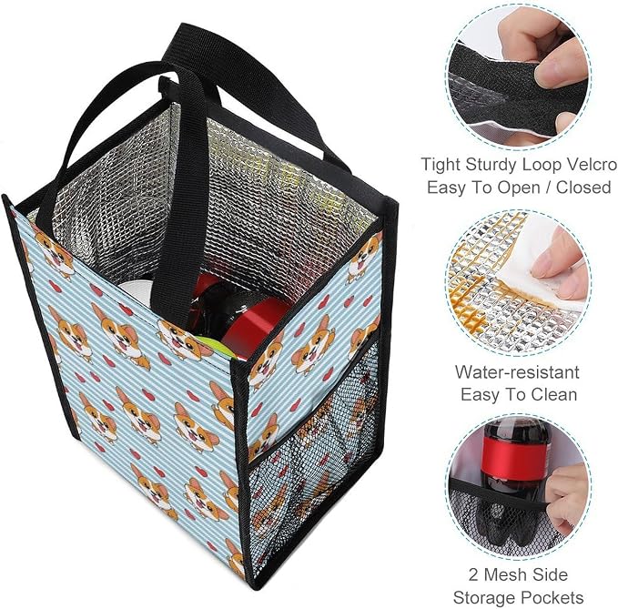 Insulated Lunch Tote Bag Reusable Lunch Box Container Insulated Meal Bags Portable Food Organizer Compatible with Cute Cartoon Lovely Corgi Dogs And Hearts