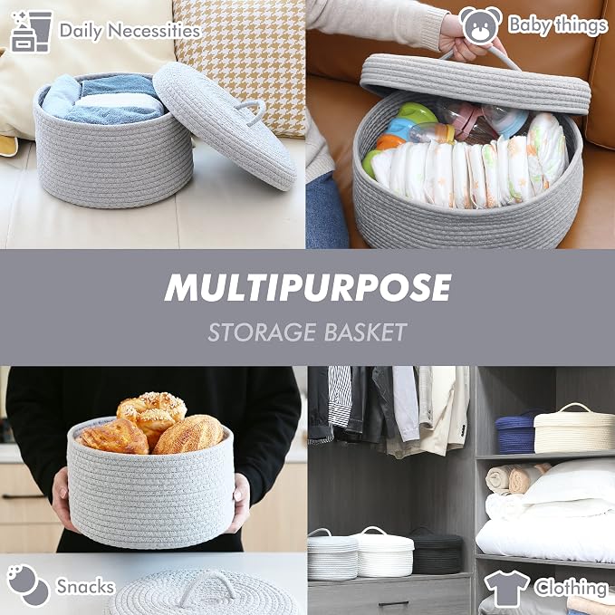 Sea Team Round Storage Basket, Woven Cotton Rope Basket with Lid, Gray | Decorative Knitted Storage Bin, Multi-Purpose Lidded Organizer for Closet Shelves, Nursery and Household Storage