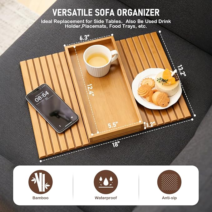 Bamboo Sofa Armrest Tray, Foldable Couch Arm Table with Anti-Slip & Waterproof Design, Versatile Sofa Arm Organizer for Drinks, Snacks, Remote Control, Fits Most Sofa Arm Widths (Bamboo)