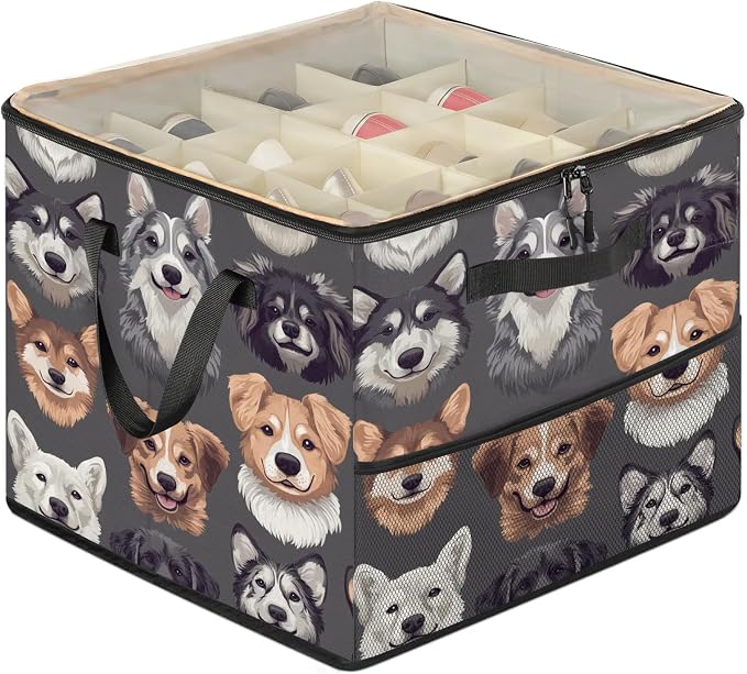 TropicalLife Cute Dog Faces Shoe Organizer for Closet | Foldable Shoe Storage Organizer Box Bin with Adjustable Dividers and Clear Cover, Fits up to 16-32 Pairs