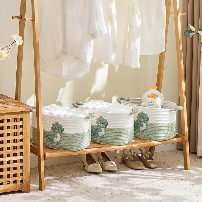 Storage Basket, Woven Baskets for Shelves, Green Dinosaur | 3 Pack Boho Cotton Rope Storage Baskets, 14" x 9" x 8", Home Organizer for Nursery, Holds Toys, Books & Towels