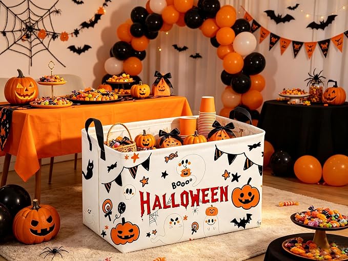 Sanjiaofeng Rectangular Halloween Ghost Storage Basket,Halloween Basket.Cute Baskets for Room Decor, Pumpkin Baskets with Handles.Books Bins,Gifts Box(White Ghost)
