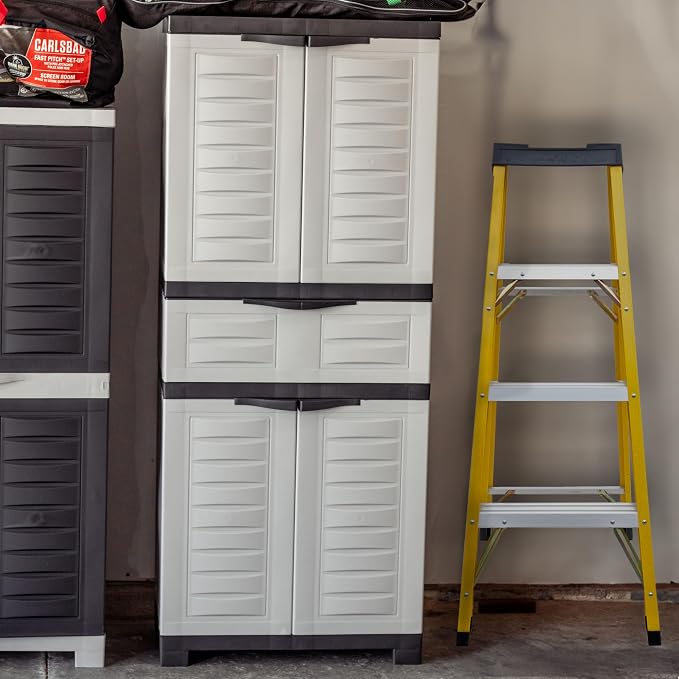 Sunnydaze 57" Garage Storage Cabinet with Doors & Shelves, Gray | Heavy Duty Resin Storage Cabinet Resists Rust & Peeling, Utility Cabinet with Drawer & Anti-Tip Kit for Laundry, Office