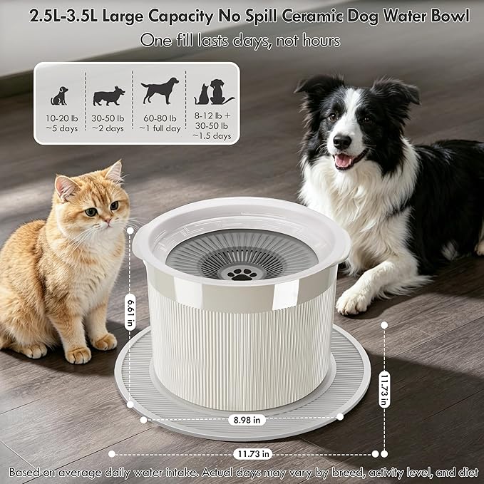 No Spill Ceramic Dog Water Bowl, Large Capacity Slow Drinking Bowl with Floating Disk & Filter, Heavy Duty Anti-Slip Bowl for Small to Medium Dogs, Cats & Multi-Pet Homes Indoor Outdoor
