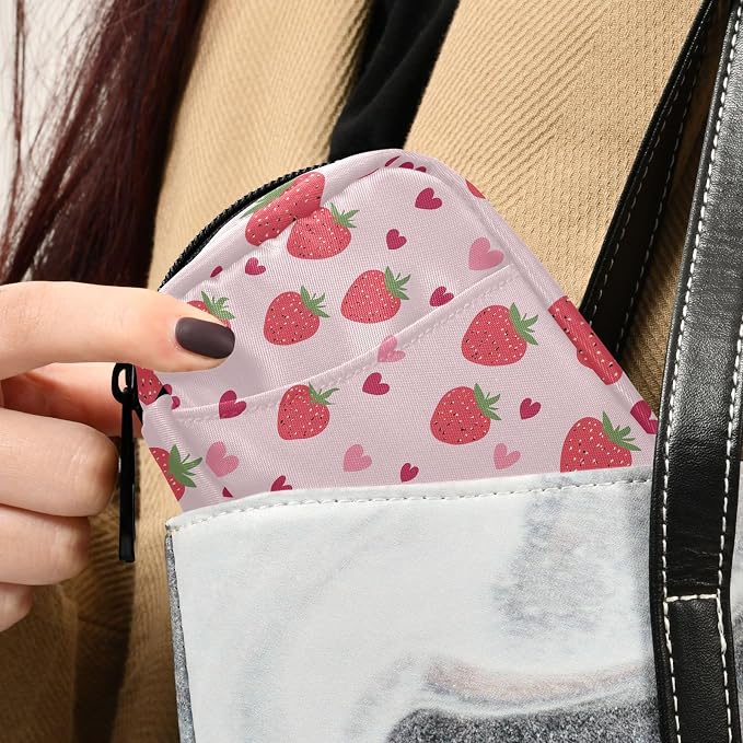 Fustylead Cute Strawberries and Pink Hearts Doodle Pill Organizer for Purse, Weekly Portable Pill Box with Zipper to Storage Vitamins Fish Oils Medications Supplements