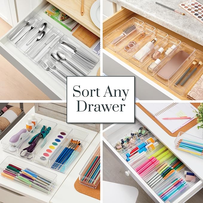 STORi SimpleSort 6-Piece Stackable Clear Drawer Organizer Set | 9" x 3" x 2" Rectangle Trays | Narrow Makeup Vanity Storage Bins and Office Desk Drawer Dividers | Made in USA