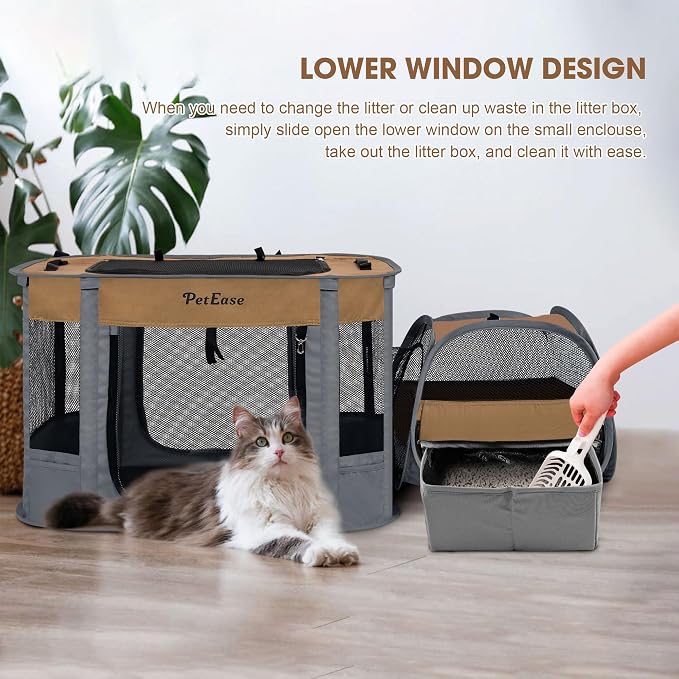 Portable Cat Playpen with Litter Box, Cat Enclosure for Camping, Cat Recovery Playpen After Surgery, Foldable Indoor Outdoor Pet Tent for Cats Rabbits Puppies (Brown)