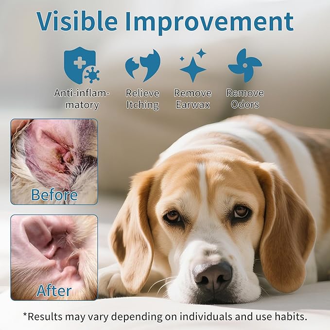 Dog Ear Cleaner, Contains Aloe Vera, Relieves Itching, Removes Earwax Buildup, Debris, Odors, Non Irritating, with Extended Soft Silicone Dropper, For Dogs and Cats, 2 Bottles (4.06 oz in total)