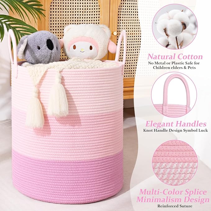 Laundry Hamper for Organizing, 52L Large Laundry Baskets, Cotton Rope Woven Blanket Basket, Collapsible Laundry Hamper for Living Room, Nursery, 15"×18", Pink