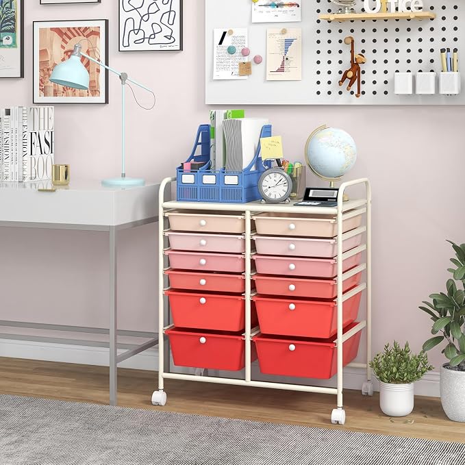 12 Drawer Rolling Storage Cart, Art Cart Organizer on Wheels, Mobile Utility Cart with Drawers, Multipurpose Craft Drawers for Home Office School Classroom (Mixed Pink)