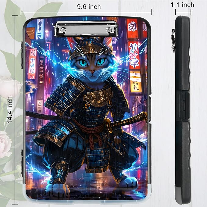 A4 Clipboard with Storage Pen Holder, Clipboards Organizer Nursing Clipboard Foldable File Folder Plastic Clipboard Folio Clip Board for Office Work Classroom Doctor, Blue Flame Cat
