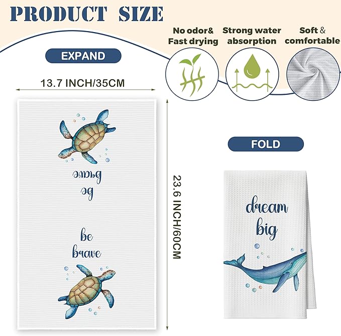 Kitchen Towels Set of 2, Nautical Sea Turtle Whale Dish Towel for Kitchen, Beach Coastal Decorative Hand Towels for Bathroom, Fast Drying Tea Towel, Housewarming Gifts for Women Mom -B11