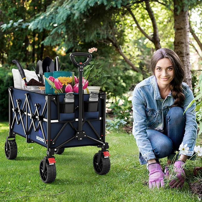 ROSONG Collapsible Wagon Cart with Wheels Foldable - Folding Utility Heavy Duty Wagons Carts for Grocery Sports Garden Shopping Camping Wheelbarrows (Navy Blue, 150L)