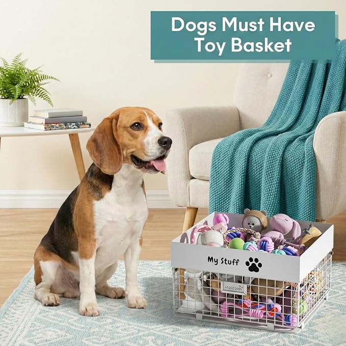 qeerable Dog Toy Box- Metal Toy basket for Dog - Dog Toys Storage Bin for Pet - Personalized Large Dog Toys Basket for Puppy and Pet- White Chew Resistant Dog Toy Chest & Organizer