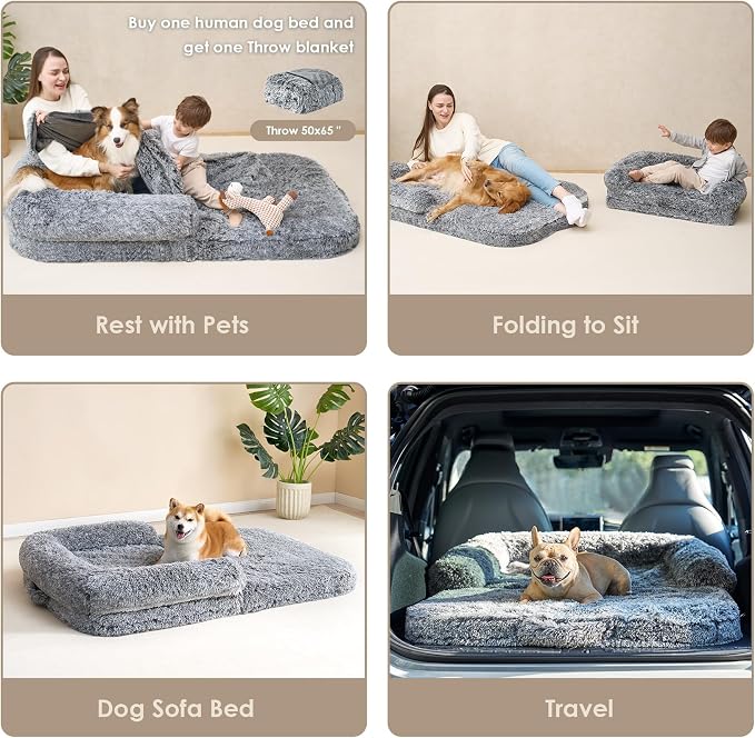 EHEYCIGA Foldable XXL Dog Bed for Large Sized Dog - 54x38x7.5, Grey | Faux Fur Fluffy Pet Couch Bed, Orthopedic Calming Memory Foam Big Pet Bed, Washable Pet Sofa Bed with Non-Slip Bottom