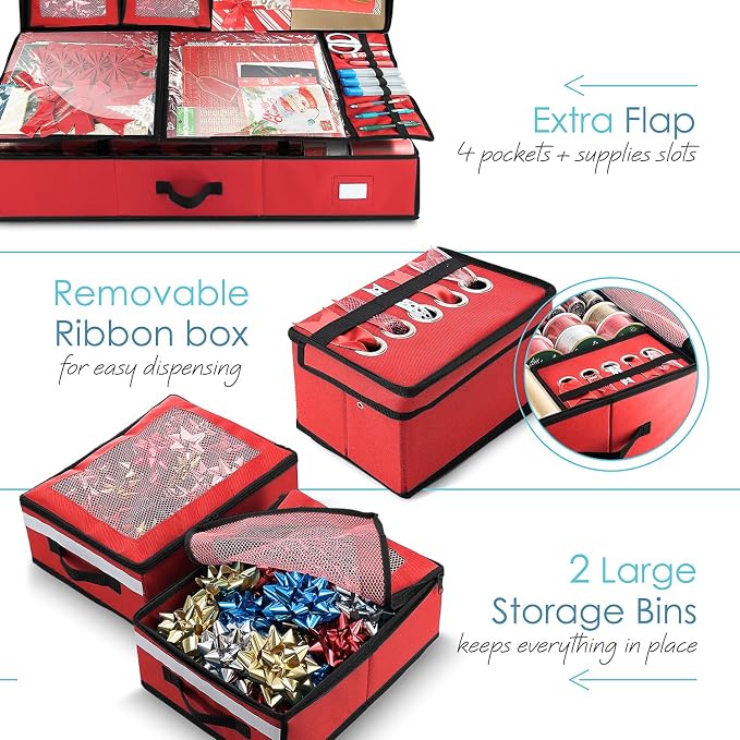 Hearth & Harbor Wrapping Paper Storage Container with Ribbon Dispenser and Interior Pockets - Large Christmas Storage Containers with Wheels, Fits 30 Rolls of 40" Length, Red