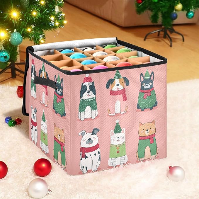 OTVEE Christmas Ornament Storage Box Holiday Decoration Organizer Stores upto 64 Holiday Ornaments Adjustable Dividers Tear-Proof Fabric Christmas Pet Print