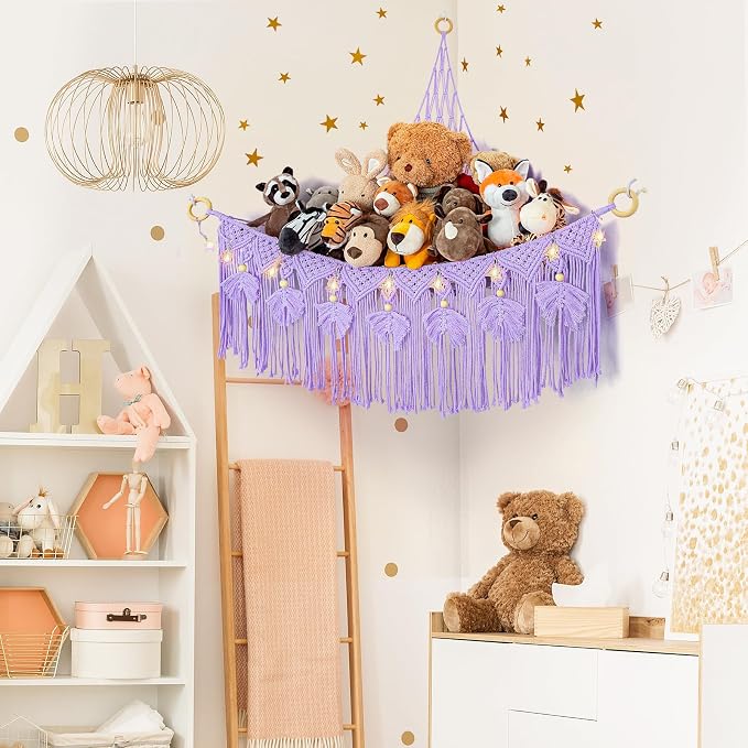 Macrame Stuffed Animal Storage with Star Light, Corner Hammock for Nursery | Corner Hanging Stuffed Animal Net Organizer for Girls' Room, Plushies Toy Wall Hanging Display Holder, Kid Gift
