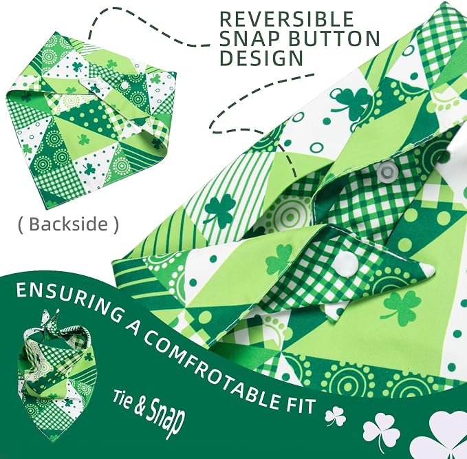 Dog Bandana for St. Patricks Day Patchwork Shamrock - Pet Scarf with Adjustable Snap Button Cute Lucky Holiday Costumes for Irish Festivals, Small & Medium Breeds (5-30lbs)
