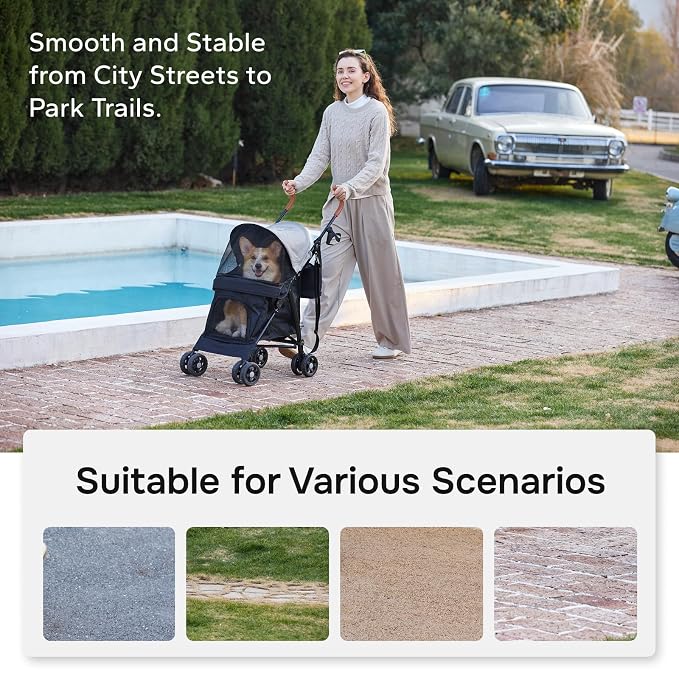 10lbs Ultra-Lightweight Pet Stroller - Compact Folding Umbrella Stroller with Durable Shoulder Strap, 3-Compartment Organizer & Cup Holder - Portable Dog Cat Travel Carriage, Dark Gray