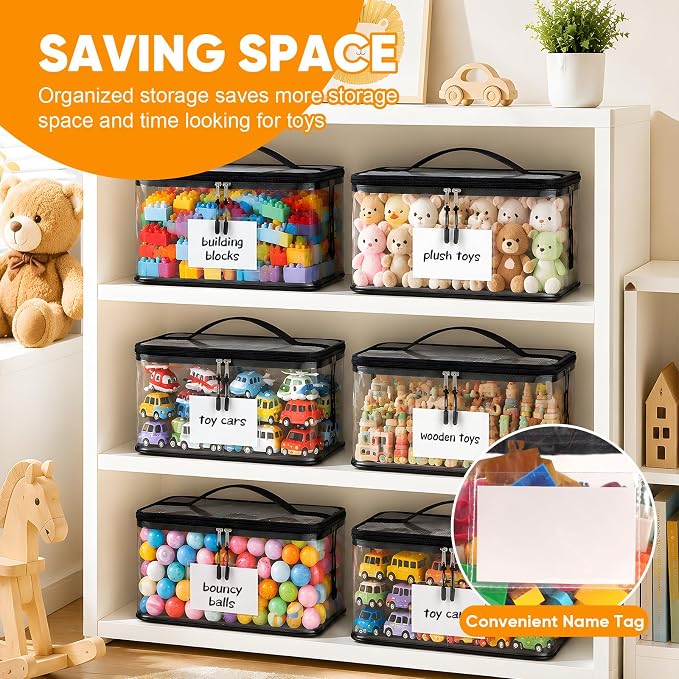 10 Packs Clear Toy Storage Bags with Zippers,Toy Organizers and Storage | Name Tag, Manual Pocket, Travel Portable, Waterproof, Reusable Toy Organizer for Building Blocks, Board Game, Puzzles, Dolls