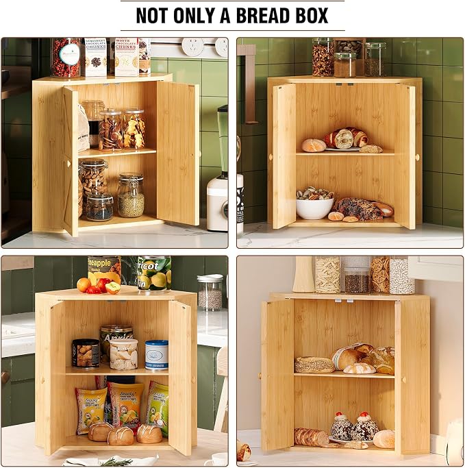 Trironsun Corner Bread Box for Kitchen Counter Double Layer Bamboo Bread Storage Container Large Capacity Bread Storage Bin Farmhouse Breadbox Organizer (Bamboo Natural)