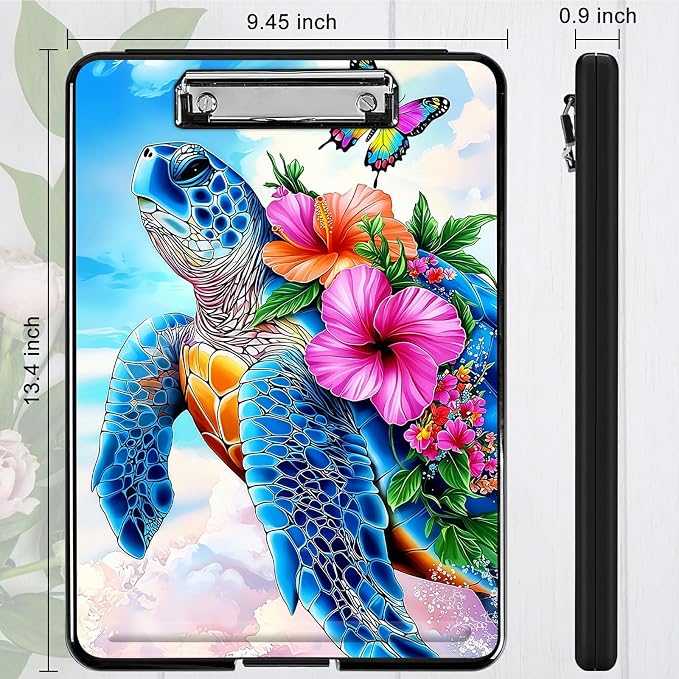 Heavy Duty Storage Clipboard, Slim Nursing Clipboard with Internal Pen Case, Portable File Organizer Case for A4 Letter Size Paper Office Medical Professionals, Turtle Pink Flower