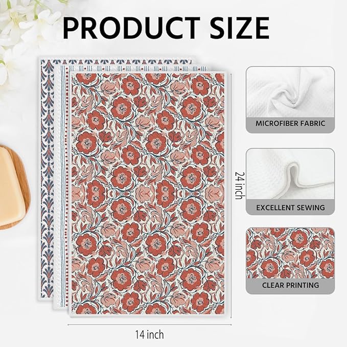 3 Pcs Retro Flower Kitchen Towels, Colorful Flower Soft Absorbent Hand Tea Towel, Microfiber Dish Cloths for Drying Dishes, Waffle Dish Towels for Kitchen Farmhouse Decor, Floral Gifts for Women Mom03