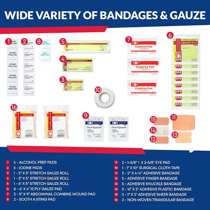 Fully Stocked Trauma First Aid Kit – First Responder II Bag with Tools, Gauze, Bandages, Scissors & Gloves – Compact & Portable – OSHA and ANSI Compliant – Blue
