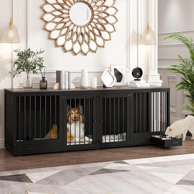 86.6" Large Furniture Style Dog Crate for 2 Dogs, Black | Heavy Duty Wooden Dog Kennel with Dog Bowl Drawers & Divider, Indoor Dog kennel House TV Stand for Large Medium Dogs