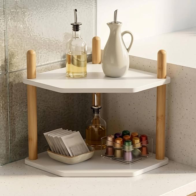 2-Tier Bamboo Corner Shelf,Kitchen Countertop Organizer,Corner Countertop Organizer Shelf, Coffee Bar Organizer,Coffee Bar Accessories,for Kitchen, Pantry, Organizers and Storage,White
