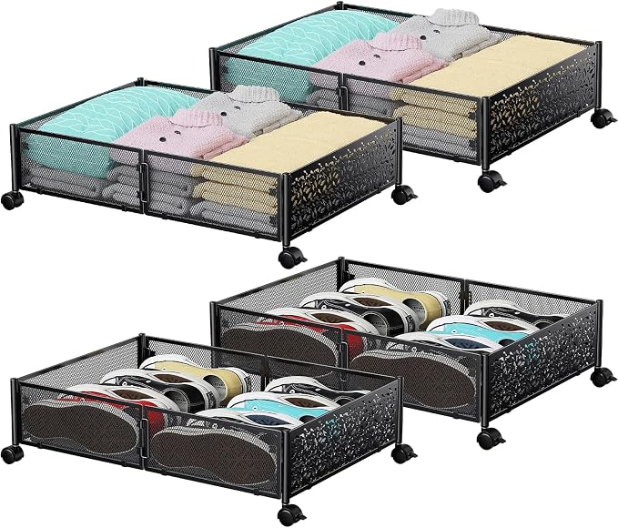 Under Bed Storage with Wheels,Patterned,Sturdy Metal,4 Pack,Black | Tool-free assembly, glide smoothly, easy reach, foldable, maxmazie low-profile beds, dorm, keep seasonal clothes, shoes fresh