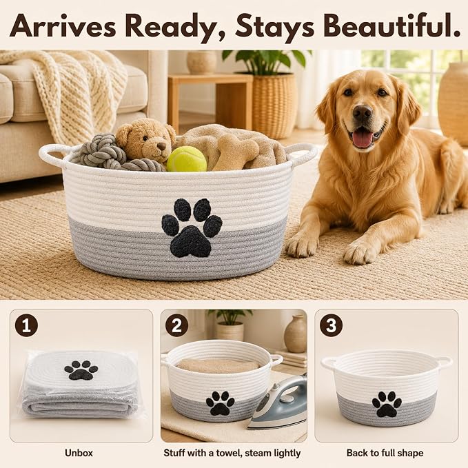 Dog Toy Basket with Handles, Grey Cotton Rope Storage Bin Organizer | Neutral grey dog toy organizer that blends any decor. Holds toys, blankets & leashes. Machine washable, collapsible rope bin.