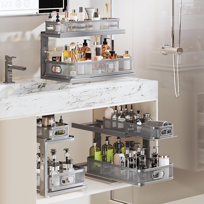 2 Pack 21IN-Depth Under Sink Organizer With Next-Gen Ball-Bearing Slides,2-Tier Precision Mesh Pull Out Cabinet Storage for Bathroom&Kitchen,Height Adjustable Drawers Shelf,Anti-rust-Grey