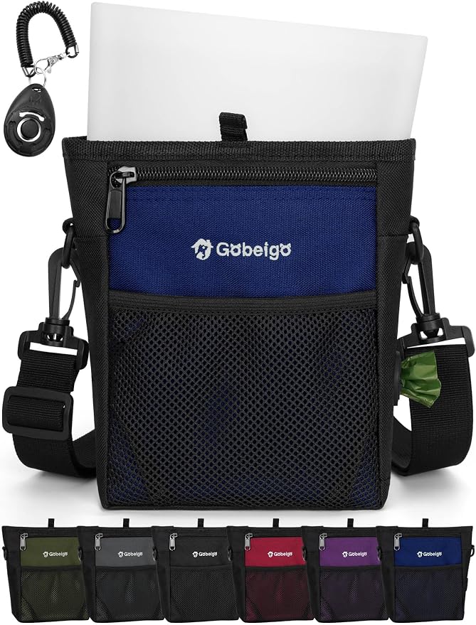 4 Cup Dog Treat Pouch with Silicone Insert Bag& Clicker(Navy Blue) | 2 Pair Magnetic Closures, Belt Clip/Waist Belt/Crossbody Wear, Zipper Pocket Poop Bag Holder for Pet Training/Daily Walking