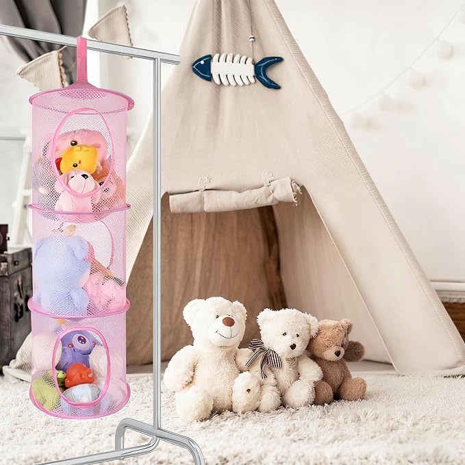 Hanging Mesh Stuffed Animal Storage - 3 Tiers 2 Pack Large Stuffed Animal Net Organizer, Foldable Space Saver Bags Plushie Basket Organization Holder Room Bedroom Playroom Wall Pink & Green
