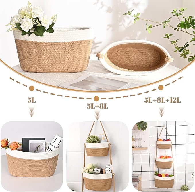 Hanging Basket, 3-Tier Woven Wall Basket with 4 Hooks, Cotton Rope Storage Baskets, Over the Door Organizer for Nursery, Bedroom, Cottage and Boho Wall Decor