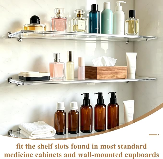Windspeed 4Pcs 13x3 inch Acrylic Medicine Cabinet Shelf Replacement for Cabinet Medicine Shelf Wall Mounted for Kitchen Living Room Bathroom Organization, with 160 Labels, Pen, Wiping Cloth